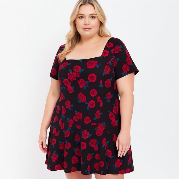 Lane Bryant Dresses & Skirts - Lane Bryant 18 NWOT Black Red Rose Tiered Fit Flare Dress Romantic Cottagecore